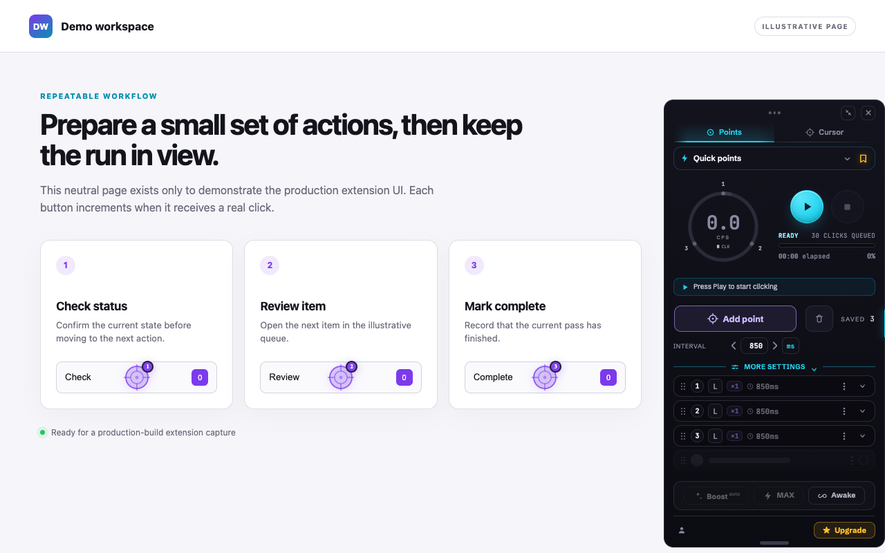 Speed Auto Clicker v4 panel open over an illustrative workflow page with three click points